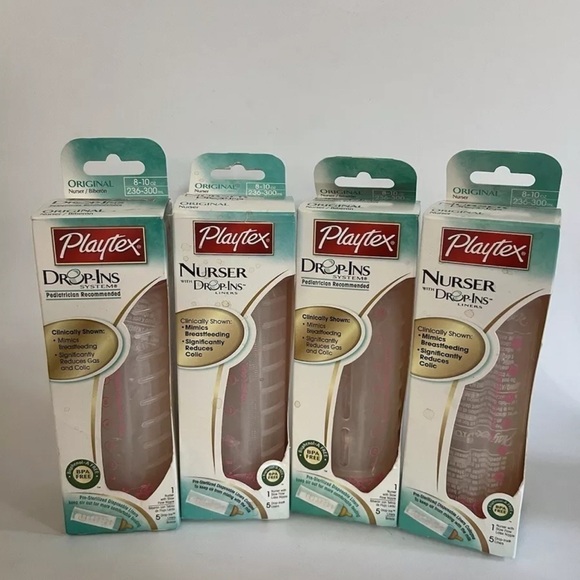 Playtex Original Drop In Nurser Bottle Slow Flow Natural Latex Nipple Lot 4 Pink - Picture 1 of 4